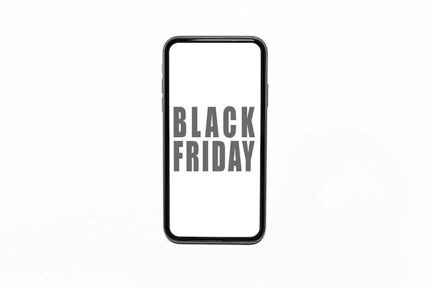 Testo venerdì nero sullo schermo dello smartphone, isolato su sfondo bianco.