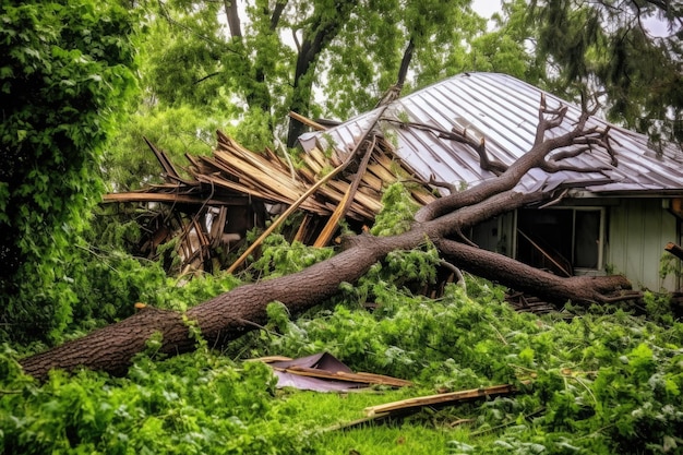 Tetto crollato dall'albero caduto durante la tempesta creato con l'IA generativa