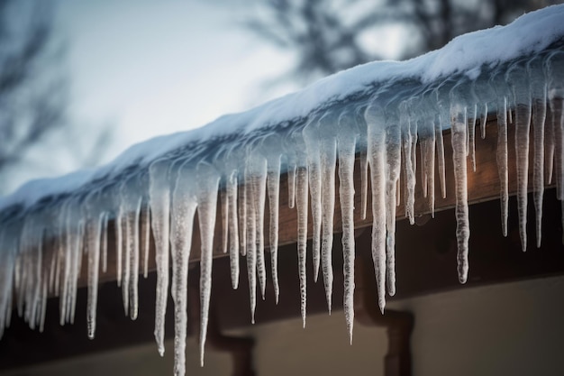 Tetto della casa con ghiaccioli ai picchi invernali Cielo ghiacciato all'aperto, stagione gelida Genera AI