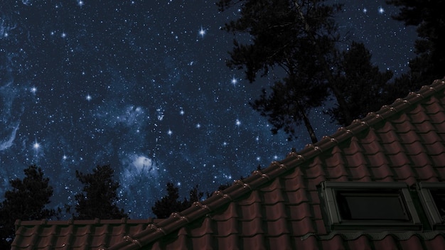Tetto della casa sotto il cielo blu notturno