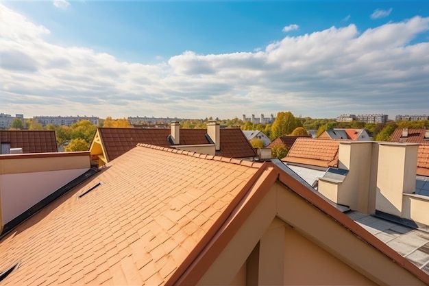 Tetto della nuova casa con vista sul tranquillo quartiere e sul cielo blu