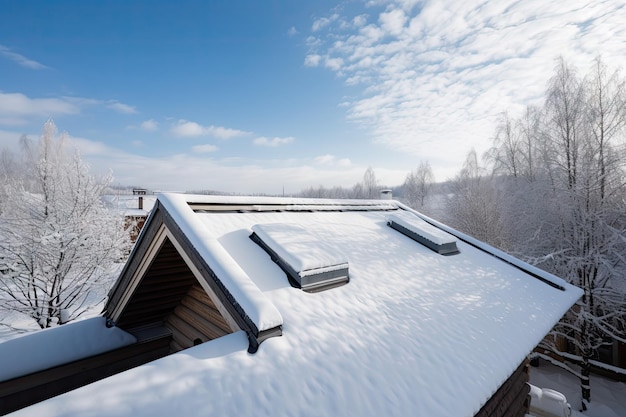 Tetto della nuova casa ricoperta di neve con vista sul paesaggio invernale