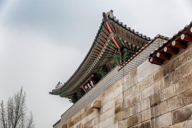 Tetto di bella pagoda coreana nel parco di Seoul contro il cielo. Vista dal basso. Avvicinamento.