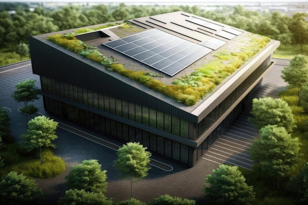 Tetto verde e pannelli solari su edificio industriale ecologico creato con ai generativo