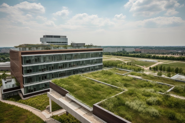 Tetto verde su una moderna struttura medica con vista sulla città creata con l'IA generativa