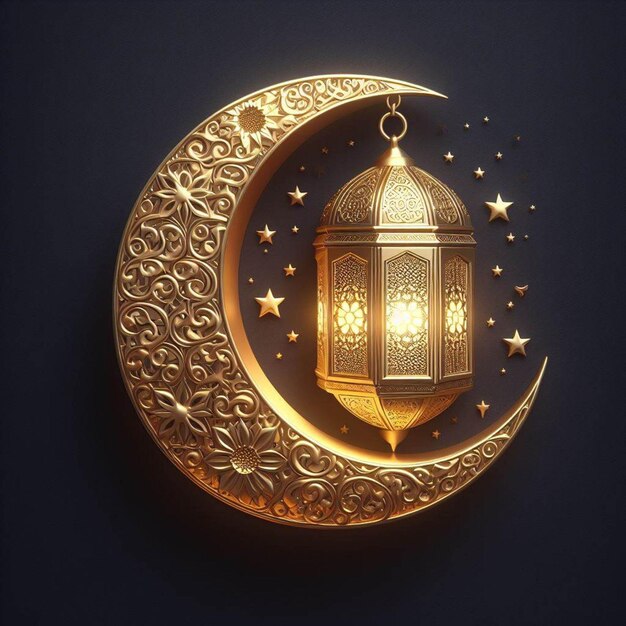 Texture 3D Lanterna d'oro del Ramadan con Luna d'oro