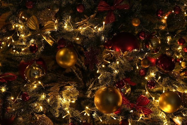 Texture albero di Natale con luci e giocattoli di Natale.
