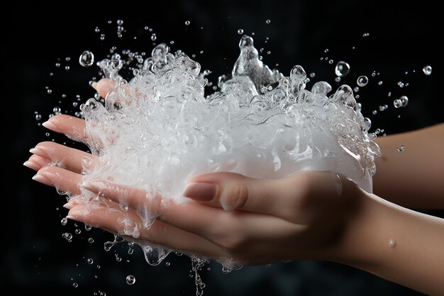 Texture di bolle di schiuma saponosa sulla mano della donna