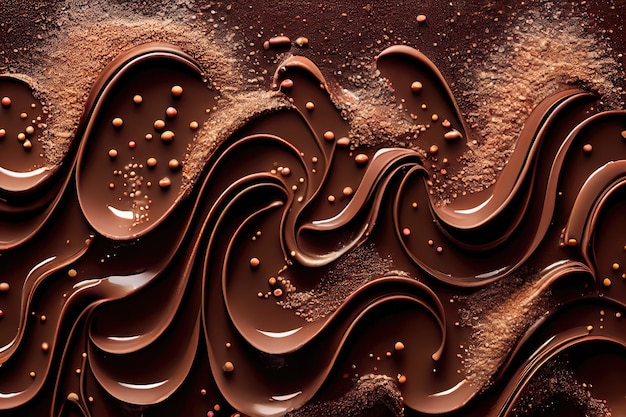 Texture di cioccolato fuso Onde di crema di cacao Salsa fluente setosa Mockup Illustrazione astratta di AI generativa