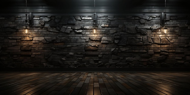Texture di parete di mattoni neri Sala di sfondo con IA generativa di pareti di mattoni scure