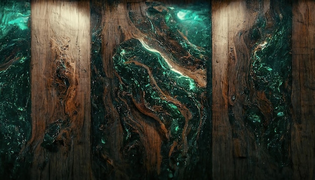Texture di vecchio legno scuro con macchie e resina epossidica color smeraldo nelle crepe Bellissimo sfondo moderno in legno con illustrazione 3D in resina