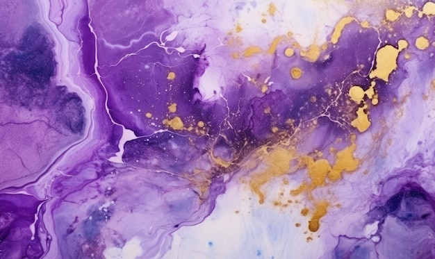 Texture di vernici liquide viola a flusso Diffusione di vernice su carta da parati e linea dorata Per cartoline postali cartella illustrativa per libri Creato con strumenti generativi di AI