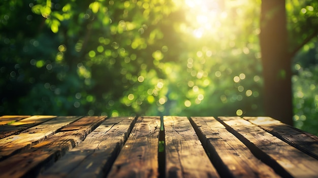 Texture in legno rustiche vuote di vecchi tavoli in legno sfocati contro il parco verde con defoc Generative AI