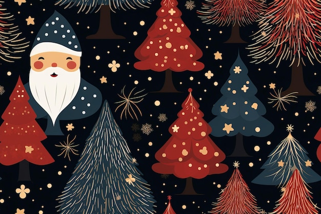 Texture natalizia piastrellabile Babbo Natale e pini di Natale su sfondo verde