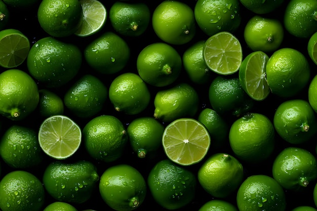 Texture senza cuciture e sfondo macro fullframe di lime verdi fresche ricoperte di gocce d'acqua Rete neurale generata nel maggio 2023 Non basata su alcuna scena o modello reale