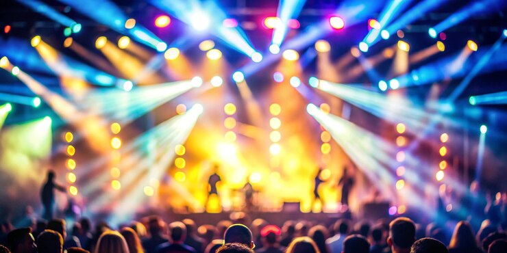 Foto texture sfocatura e sfocatura sfondo per il design luce del palco in uno spettacolo di concerto artisti si esibiscono sulla scena in luce e fumo