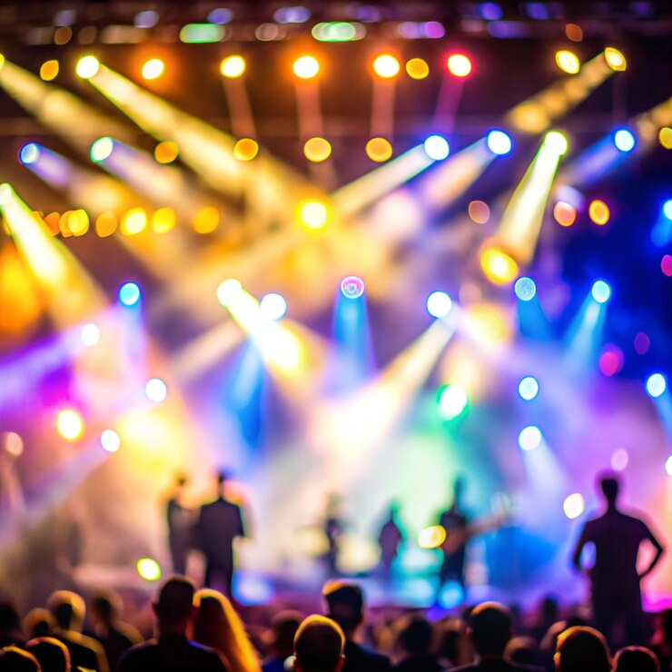 Foto texture sfocatura e sfocatura sfondo per il design luce del palco in uno spettacolo di concerto artisti si esibiscono sulla scena in luce e fumo