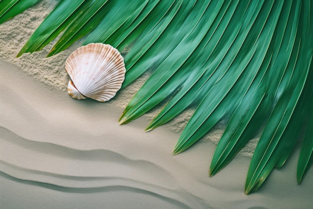 Texture spiaggia estiva con foglia di palma verde e conchiglia generata dall'intelligenza artificiale