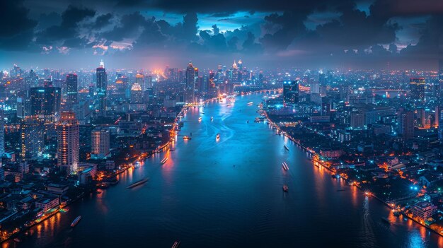 Thailandia di notte rete wireless e tecnologia di connessione concetto vista panoramica della città di Bangkok