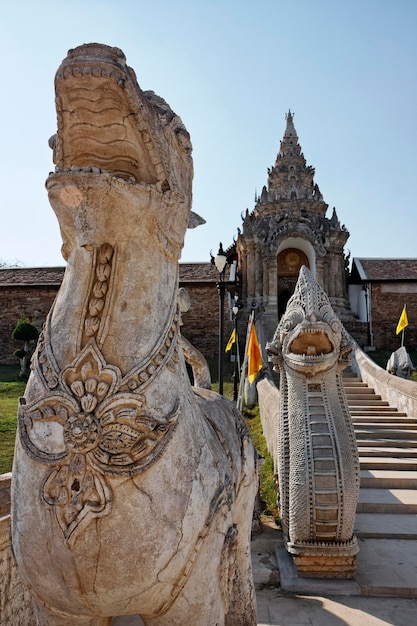 Thailandia, provincia di Lampang, tempio Pratartlampangluang, statue religiose all'ingresso del tempio buddista