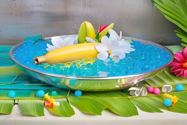 Thailandia Songkran festival sfondo con pistola d'acqua ghirlanda acqua profumata e fiore in ciotola d'argento messo su foglia di banana bagnata