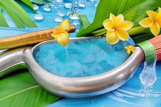 Thailandia Songkran festival sfondo con pistola d'acqua ghirlanda acqua profumata e fiore in ciotola d'argento messo su foglia di banana bagnata