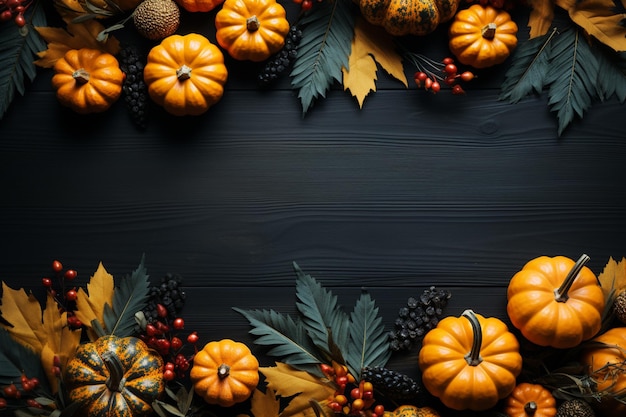 Thanksgiving e autunno modalità di decorazione concetto da foglie d'autunno e zucca su sfondo scuro