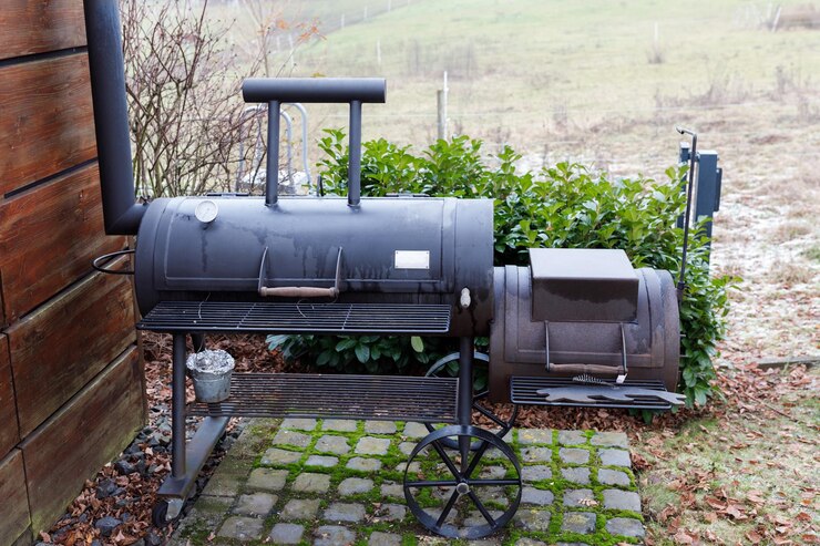The barbecue grill is in the middle of the yard on the lawn Cooking in the yard.