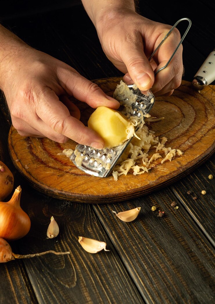 Photo the cook hands closeup with a grater grating potatoes for making pancakes vegetable diet cooking concept on kitchen table