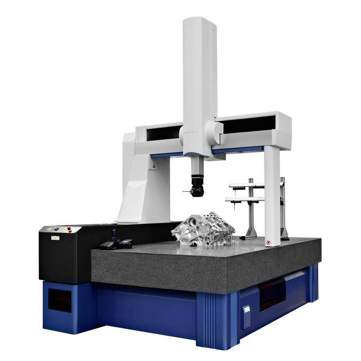 The Coordinate Measuring CMM Machine isolated on a white background Repair motor block of cylinders operator inspection dimension aluminium automotive par in industrial factory