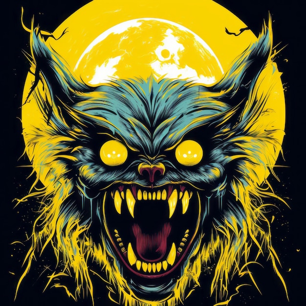 The Enraged Nocturnal Monster Un logo dell'orrore pop art con occhi gialli luminosi e zanne sul retro