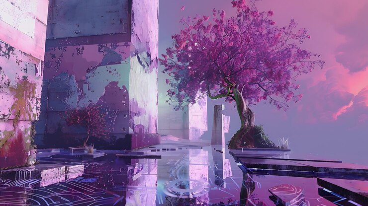 The image is a beautiful landscape with a cherry blossom tree in the center