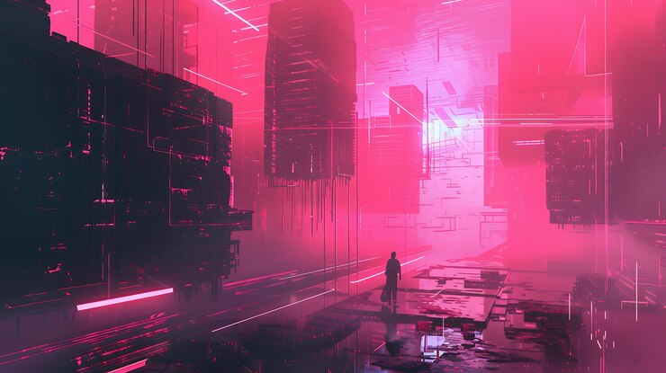 The image is a dark and mysterious street scene The only light comes from the few neon signs and the streetlights
