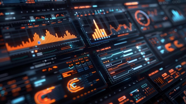 The image is a futuristic user interface with multiple screens displaying various graphs charts and
