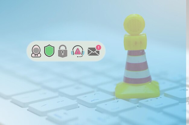 the importance of cybersecurity measures symbolized by the lock shield and headset icons and the need for vigilance against online threats represented by the traffic cone and exclamation mark