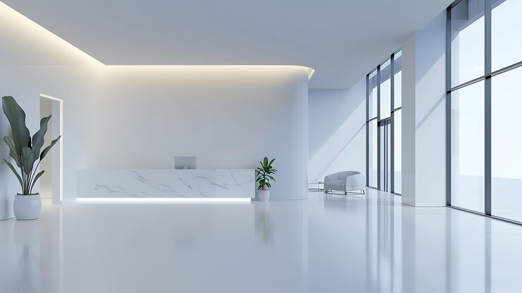 The interior of a modern office space The white walls and marble floor create a clean and minimalist look