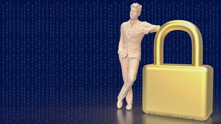 Photo the man and master key for security concept 3d rendering