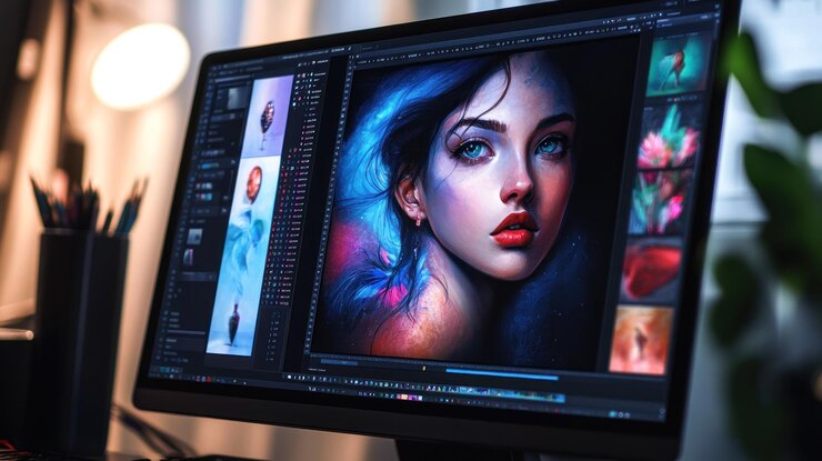 Photo the monitor screen display editing software for a woman face with detailed technology advertising promotion concept background wallpaper ai generated image