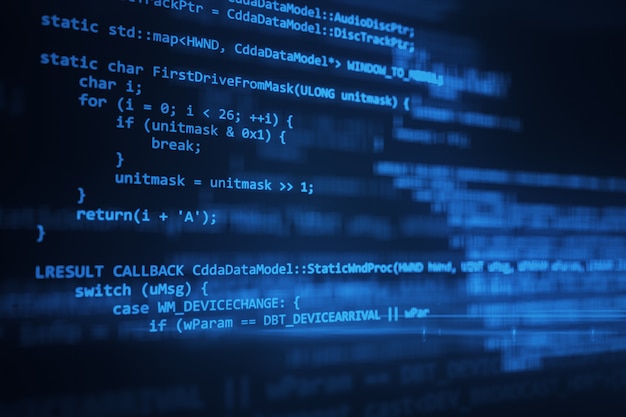 The programming code works through the computer screen terminal 3d illustration