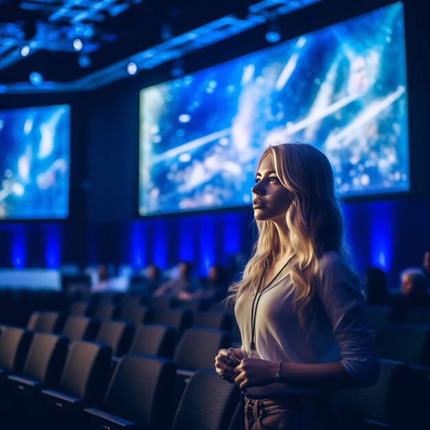 The Shimmering Spotlight Una ragazza bionda che ruba il palco con una camicia blu ad una conferenza affollata