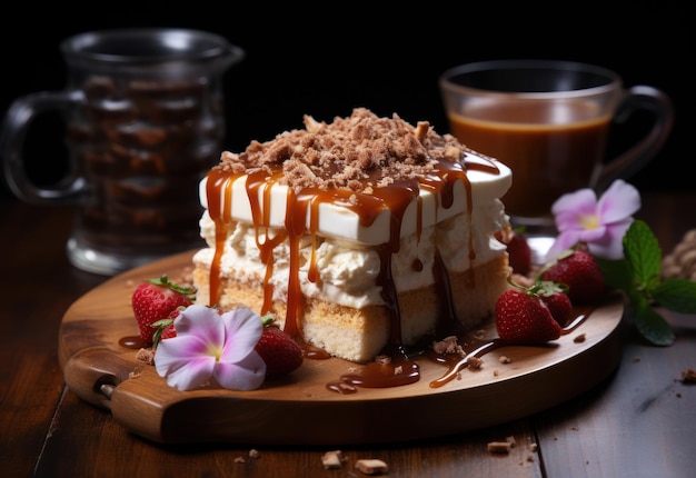 The_square_cup_of_banoffee_pie_on_wooden_board