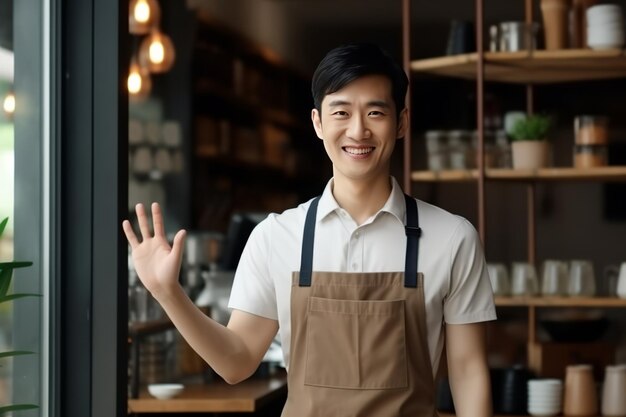 The Welcoming Smile Confident Studio Shot di un uomo asiatico intelligente e amichevole Barista con occhiali e Sm