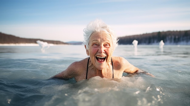 Therapeutic Winter Dip Una donna anziana gode della terapia naturale del freddo di un lago ghiacciato nuotando promuovendo la sua salute e il suo benessere