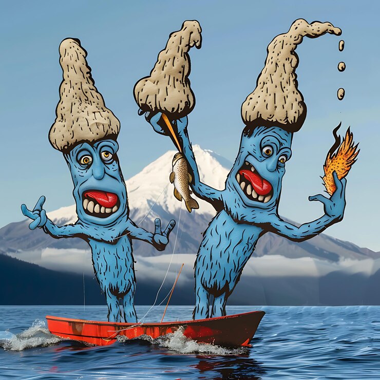 Photo there are two blue aliens on a boat with a mountain in the background