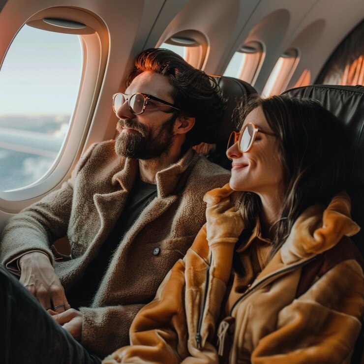 there are two people sitting on a plane looking out the window generative ai