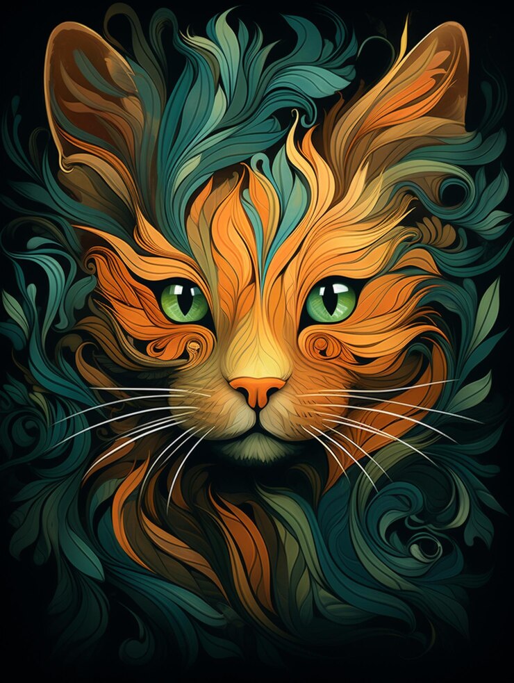 there is a cat with a long mane and green eyes. generative ai.