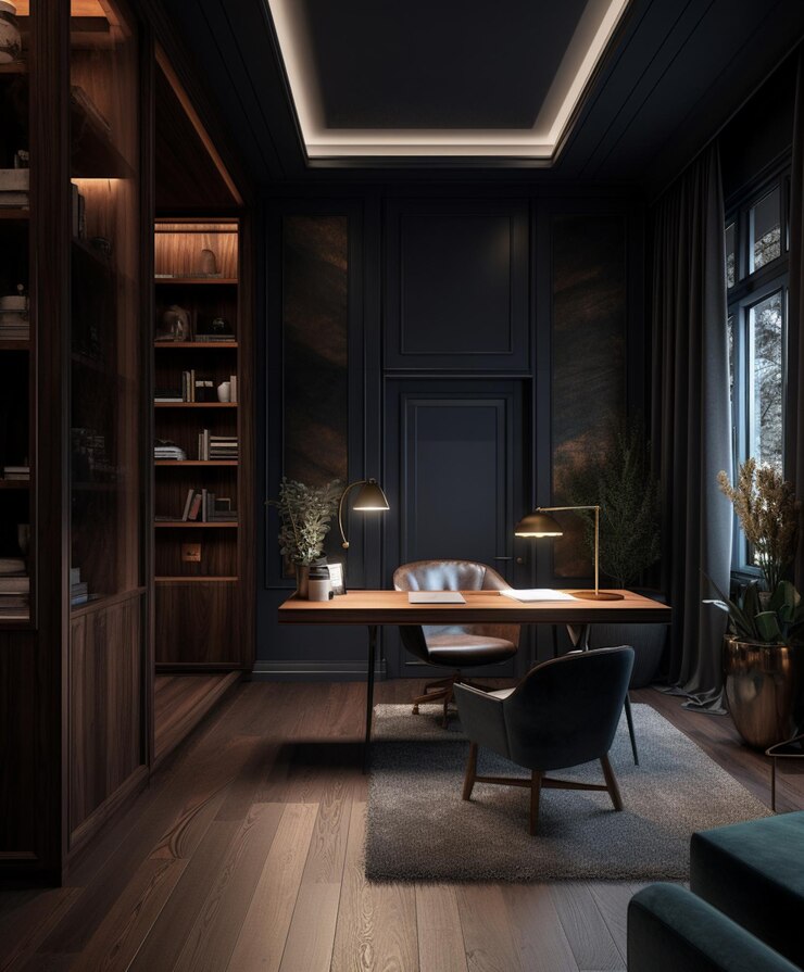 There is a desk with a chair and a lamp in a room generative ai