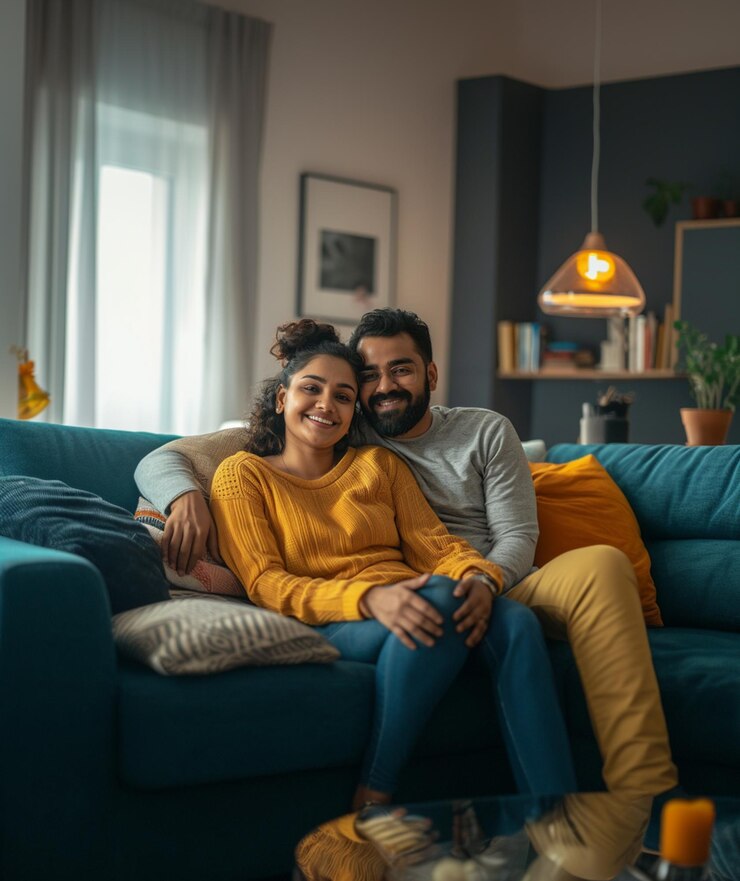 there is a man and woman sitting on a couch together generative ai