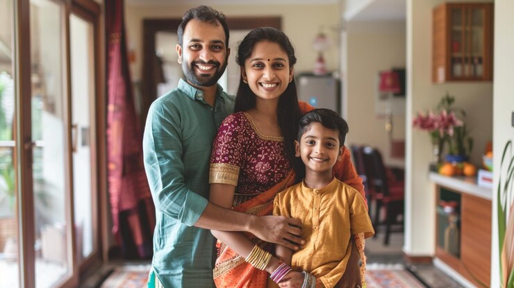 there is a man and woman standing with a child in a living room generative ai