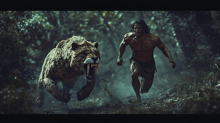 Photo there is a man running with a bear in the woods